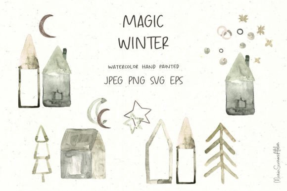 Winter Houses Watercolor Clipart Graphics
